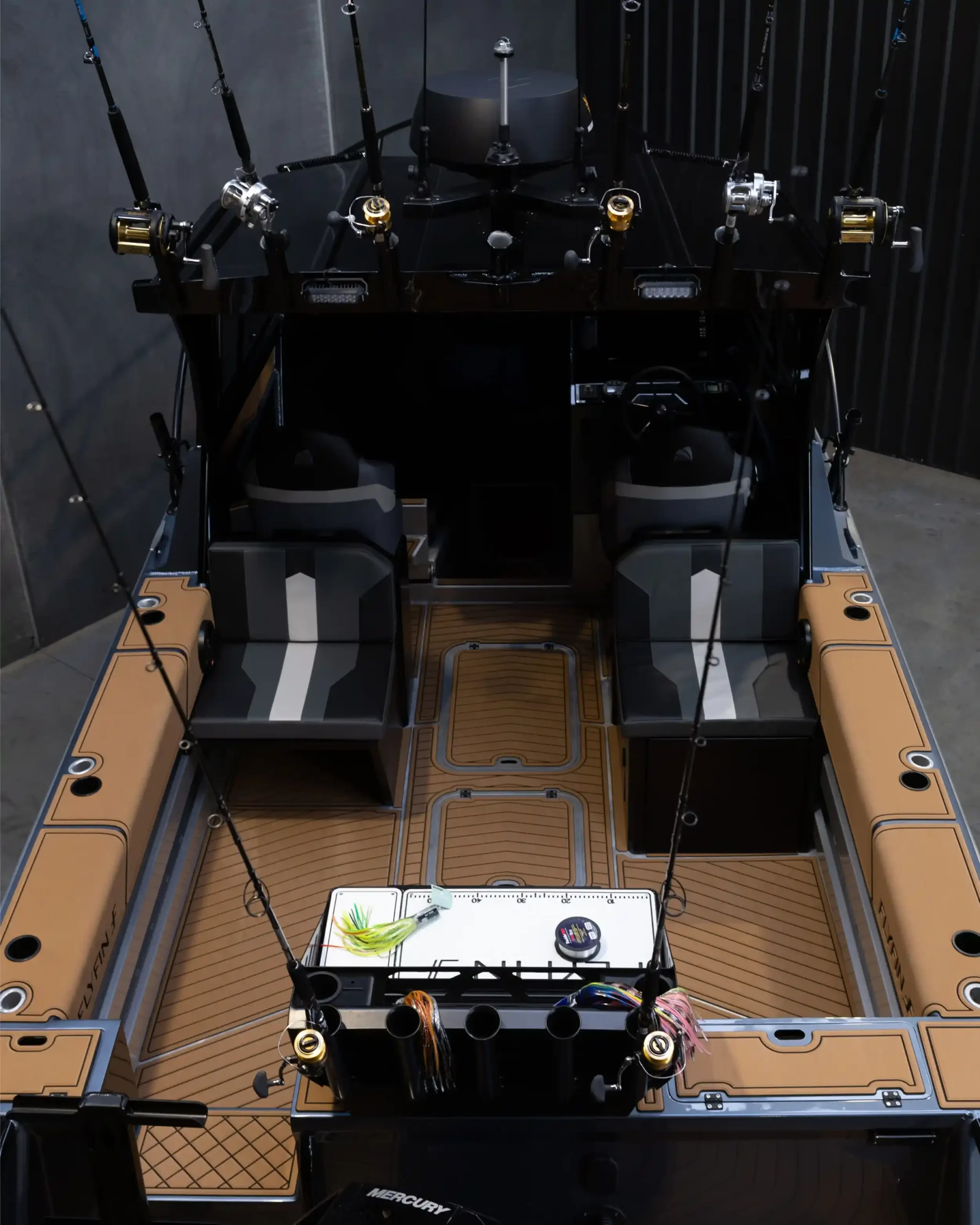 Flyfin sports seats on pedestal bases with U-Dek decking