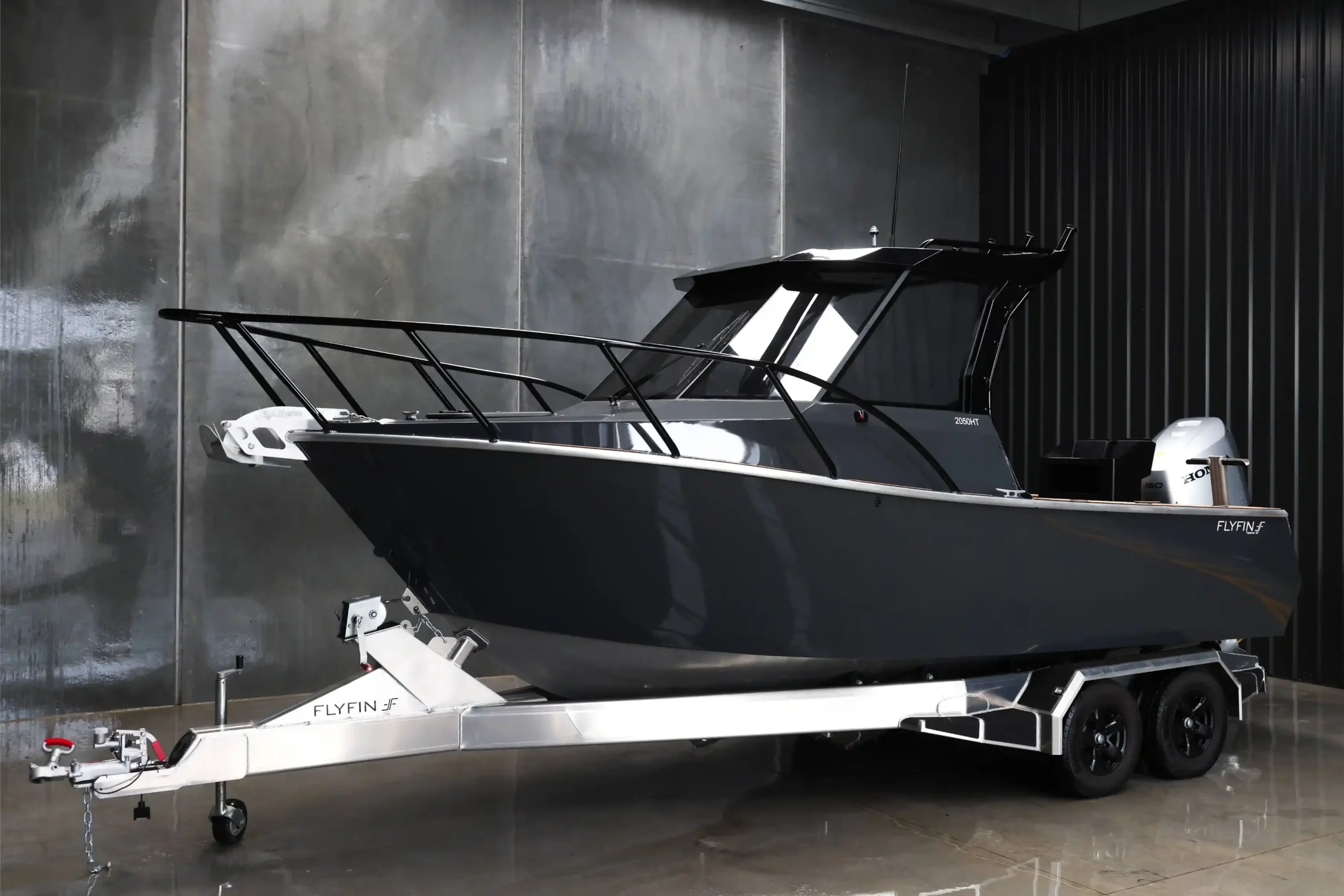 Flyfin 2050HT single-axle trailer boat on its Flyfin aluminium trailer