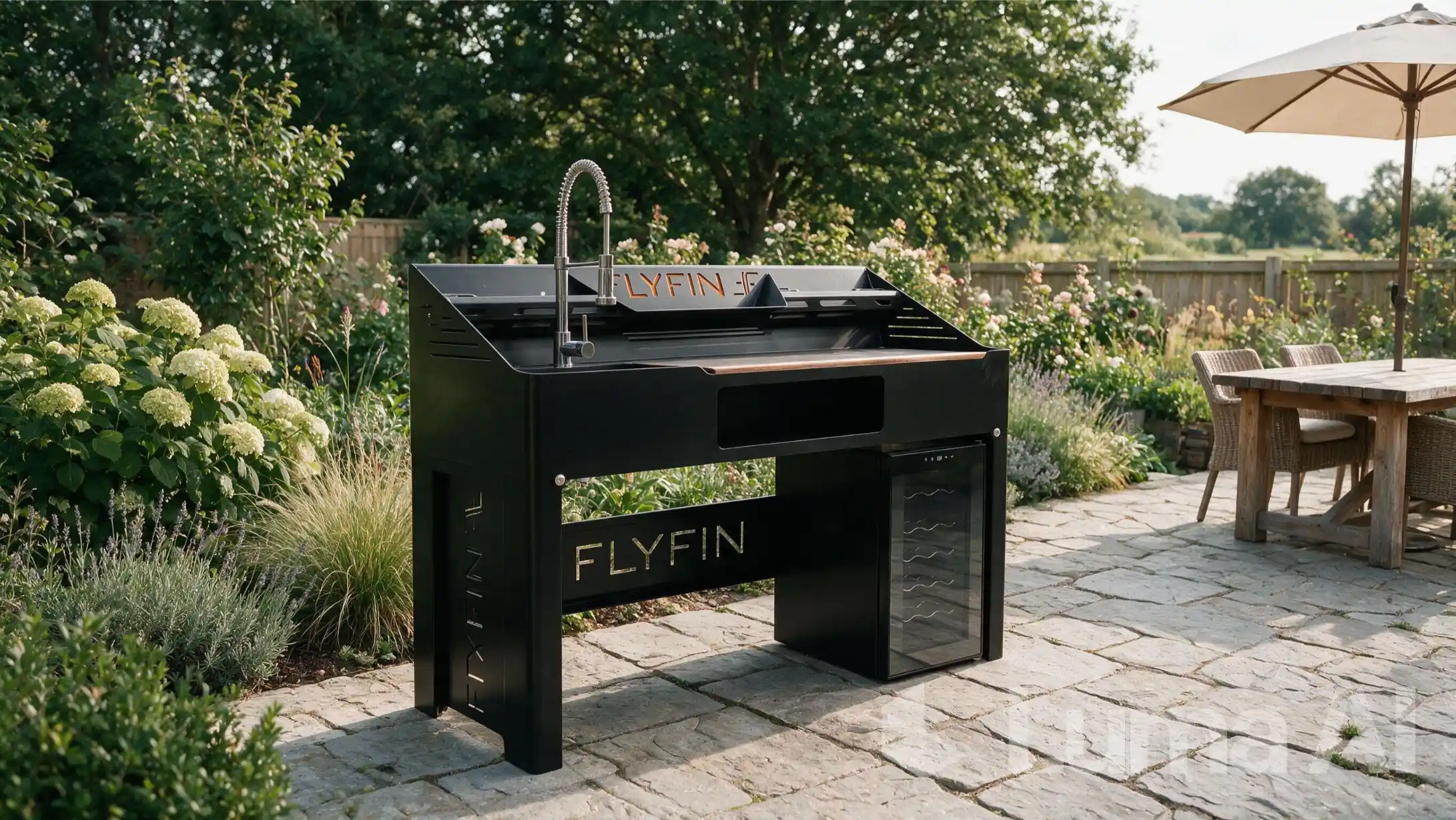 Flyfin free-standing filleting bench in a garden